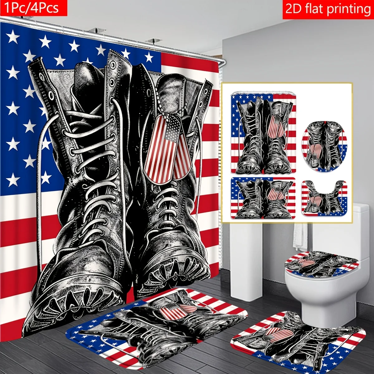 2D Flat Stars Stripes Military Boots Commemorative Patriotic Bathroom Set Shower Curtain with Hooks Home Bath Art Decor
2D Flat Stars Stripes Military Boots Commemorative Patriotic Bathroom Set Shower Curtain with Hooks Home Bath Art Decor