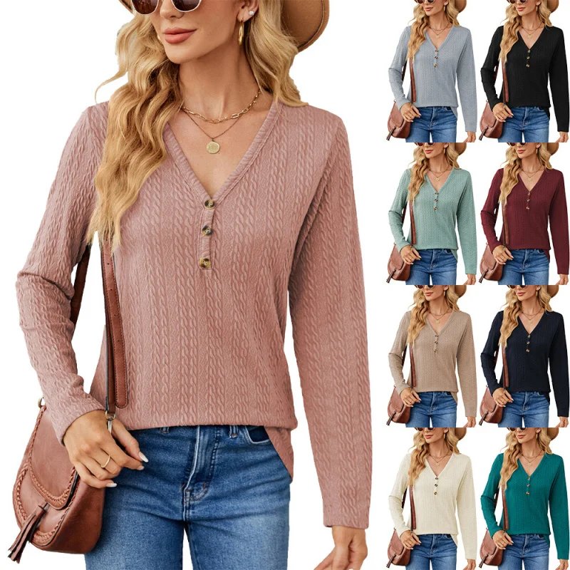 European and American Hot-Selling Autumn and Winter Solid ColorVCollar Button Loose Long SleeveTT-shirt Top Women's Clothing
European and American Hot-Selling Autumn and Winter Solid ColorVCollar Button Loose Long SleeveTT-shirt Top Women's Clothing