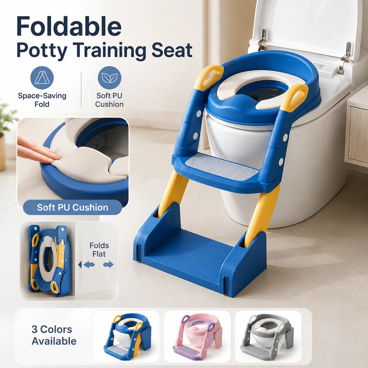 Portable Foldable Kids Toilet Trainer Step Stool With Removable Soft PU Cushion Handheld Grips Anti Slip Base For Toddler Potty
Portable Foldable Kids Toilet Trainer Step Stool With Removable Soft PU Cushion Handheld Grips Anti Slip Base For Toddler Potty
