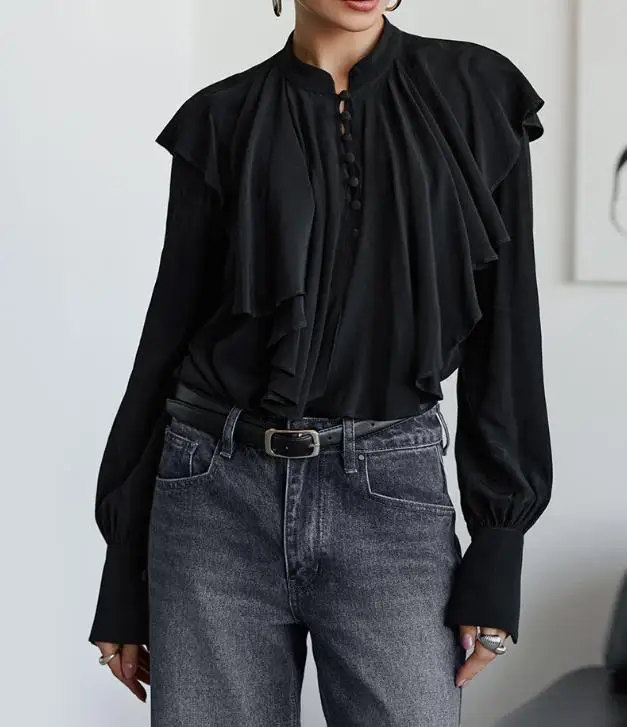 Women's Shirt Spring New French Fashion Style Solid Color Simple Stand Up Collar Button Front Ruffle Edge Long Sleeved Shirt
Women's Shirt Spring New French Fashion Style Solid Color Simple Stand Up Collar Button Front Ruffle Edge Long Sleeved Shirt