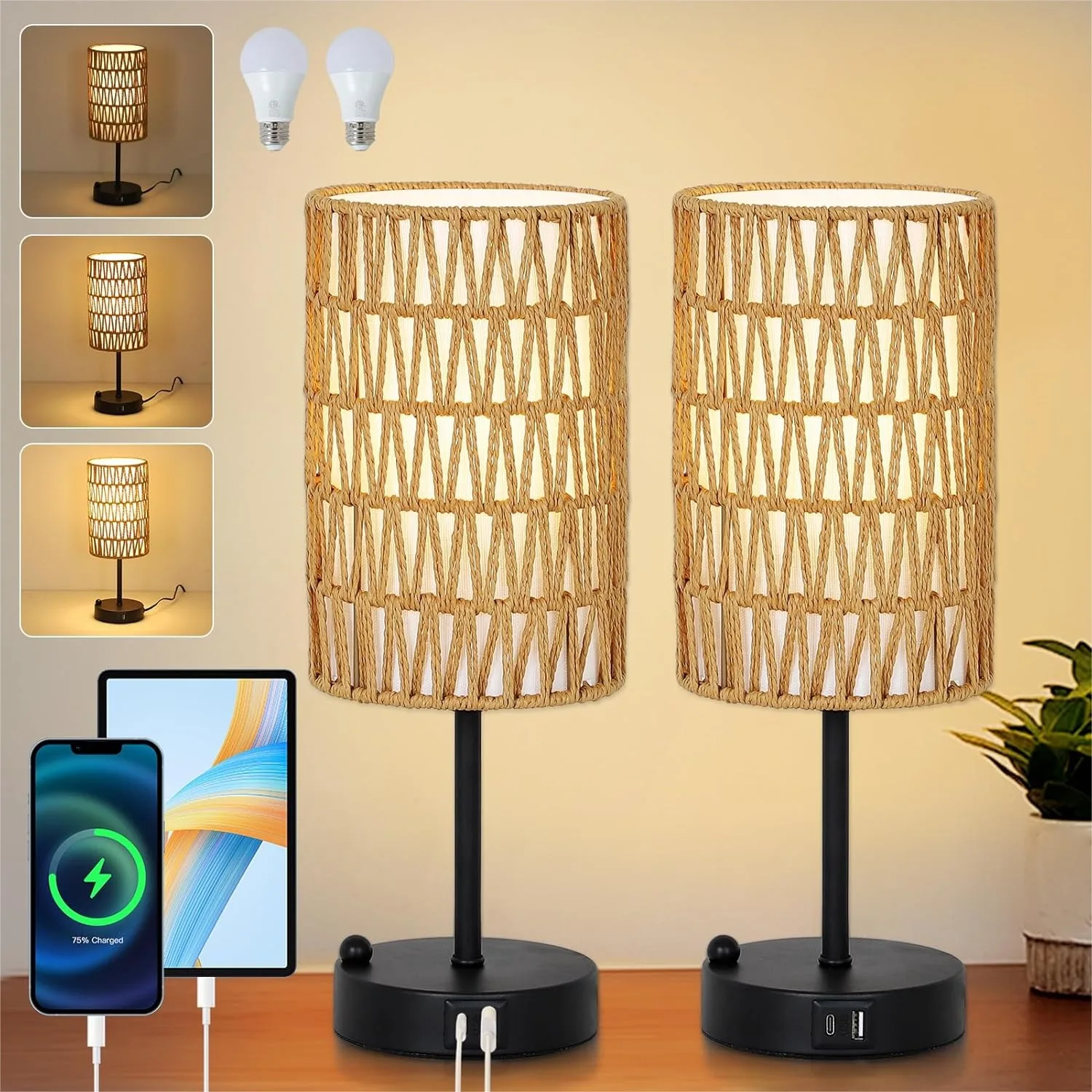 Touch Table Lamp Set of 2 with USB Charging, 3 Way Dimmable Bedside Lamps for Nightstand, Boho Small Desk Lamps with Rattan &
Touch Table Lamp Set of 2 with USB Charging, 3 Way Dimmable Bedside Lamps for Nightstand, Boho Small Desk Lamps with Rattan &