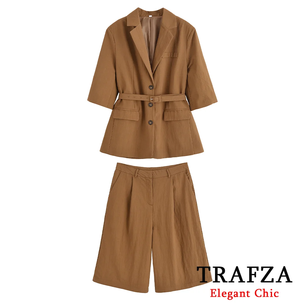 TRAFZA Women Casual Brown Shorts Set Belted Half Sleeve Blazer Wide Leg Shorts 2025 Summer Fashion Holiday Commuter Mujer Sets
TRAFZA Women Casual Brown Shorts Set Belted Half Sleeve Blazer Wide Leg Shorts 2025 Summer Fashion Holiday Commuter Mujer Sets
