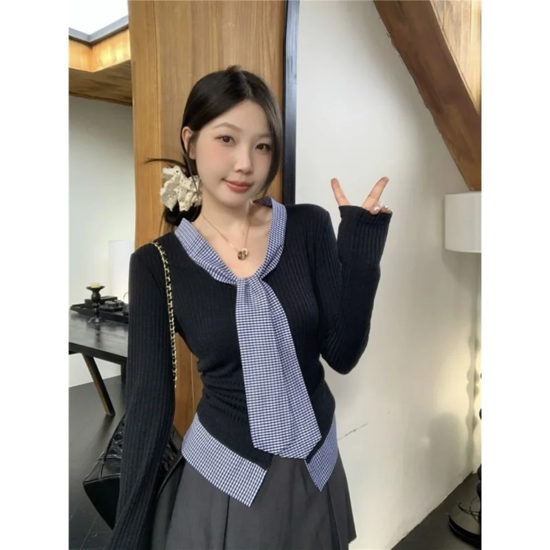 Grid Patchwork Tie Knitted Top Women Spring Slimming Long Sleeve Fake Two Piece Shirt
Grid Patchwork Tie Knitted Top Women Spring Slimming Long Sleeve Fake Two Piece Shirt