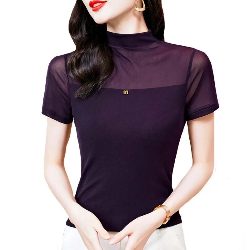 New Fashion Half high Collar T shirt Women Solid color Short sleeved Mesh top Summer Casual Shirt
New Fashion Half high Collar T shirt Women Solid color Short sleeved Mesh top Summer Casual Shirt
