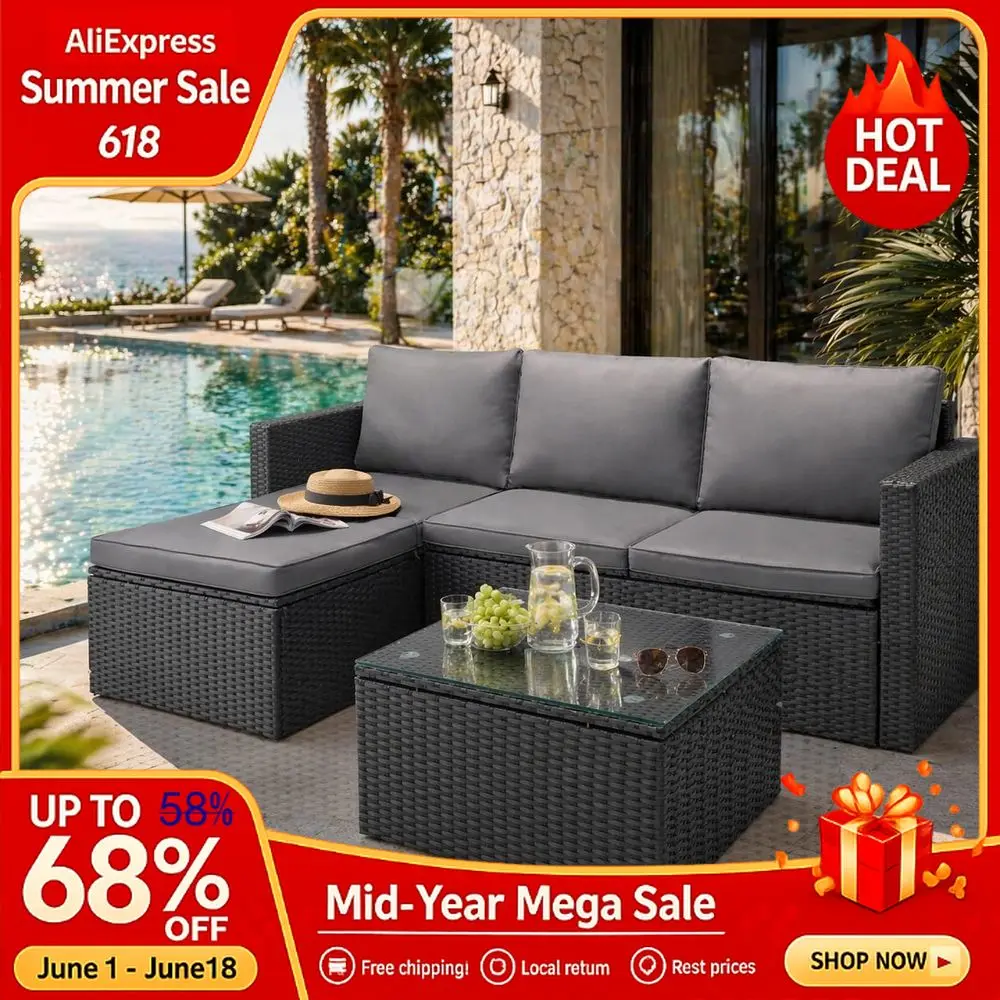 Patio Furniture Set with Detachable Soft Cushions, All Weather Outdoor PE Rattan Patio Conversation Sofa Set,Black Rattan,Custom
Patio Furniture Set with Detachable Soft Cushions, All Weather Outdoor PE Rattan Patio Conversation Sofa Set,Black Rattan,Custom