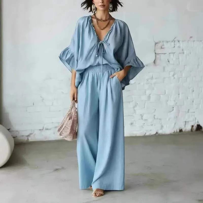 New Summer Casual Vacation Set of Loose Cotton and Linen V-neck Wide-leg Pants for Independent Stations in Europe and America
New Summer Casual Vacation Set of Loose Cotton and Linen V-neck Wide-leg Pants for Independent Stations in Europe and America