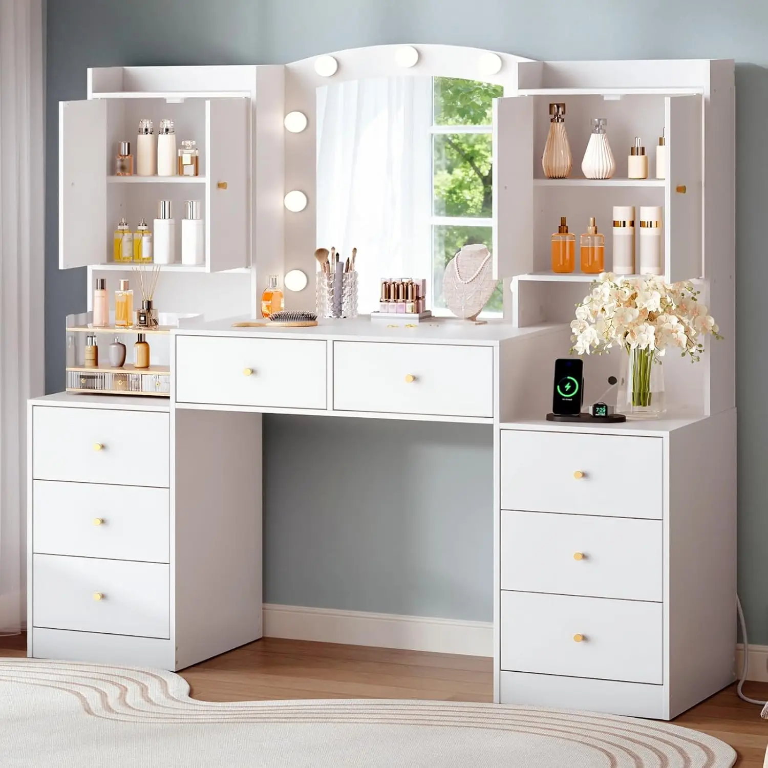 56" Makeup Vanity Desk with Charging Station, 8 Drawers & 2 Cabinets, 3 Lighting Modes, Dressing Table for Bedroom
56" Makeup Vanity Desk with Charging Station, 8 Drawers & 2 Cabinets, 3 Lighting Modes, Dressing Table for Bedroom