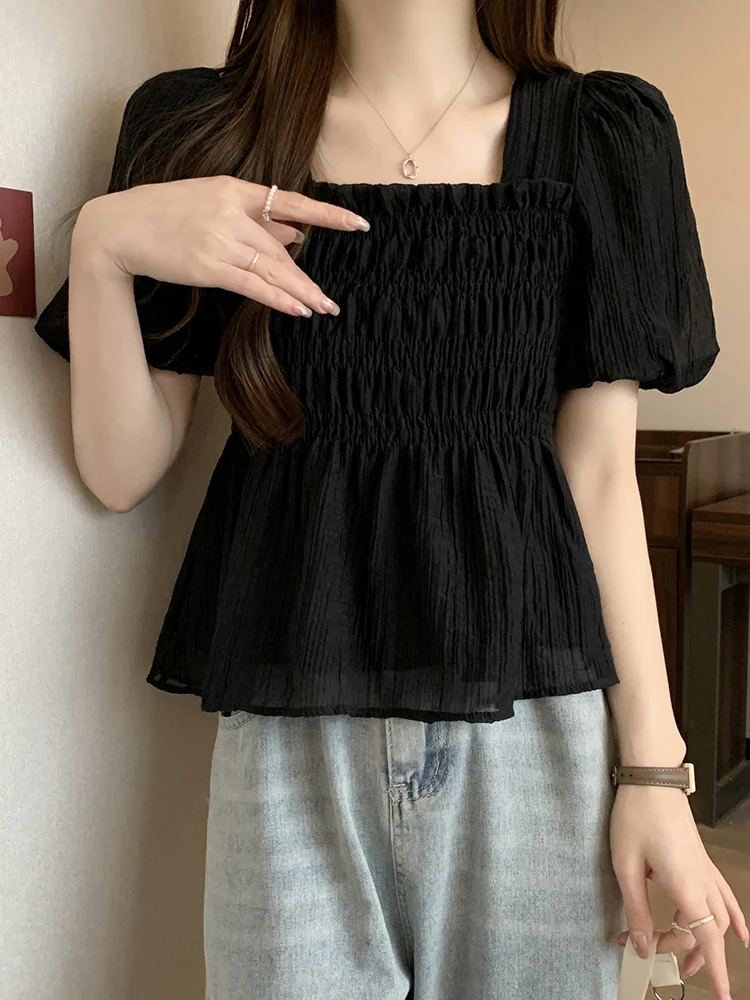 plus Size Pleated Square Collar ort Sve Women's irt Summer Slimming Design Casual Bubble Sve Chiffon Top
plus Size Pleated Square Collar ort Sve Women's irt Summer Slimming Design Casual Bubble Sve Chiffon Top