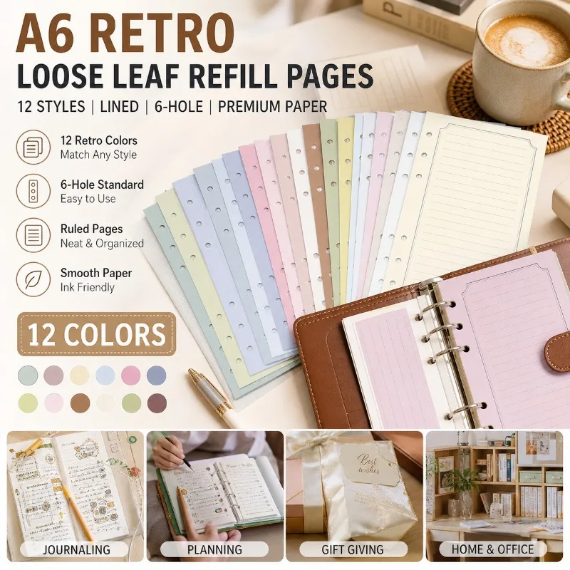 Fromthenon A6 Loose-leaf Notebook Refill Paper-Retro Style Colored&Blank&Lined Inner Pages 6Hole Binder Inserts 12 Style Options
Fromthenon A6 Loose-leaf Notebook Refill Paper-Retro Style Colored&Blank&Lined Inner Pages 6Hole Binder Inserts 12 Style Options