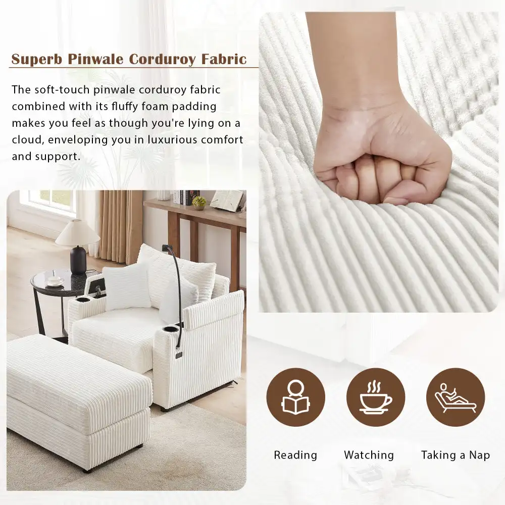 Modern Style Single Sofa Sofa Couch with Storage Space, A Movable Ottoman, Two USB Ports, Two Cup Holders, A Phone Holder for Li
Modern Style Single Sofa Sofa Couch with Storage Space, A Movable Ottoman, Two USB Ports, Two Cup Holders, A Phone Holder for Li