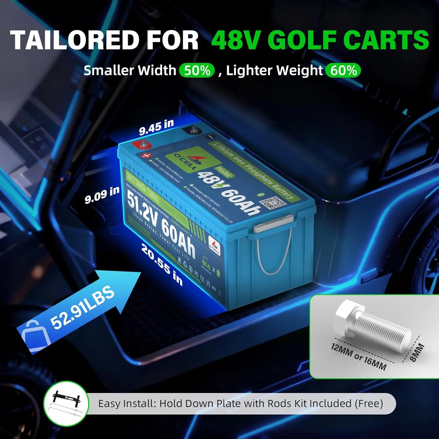 48V (58.4V) 60Ah LiFePO4 Golf Cart Battery with Mounting Bracket, 38.4V 4.8kW Lithium Iron 120A BMS, Bluetooth/LCD,, Customi
48V (58.4V) 60Ah LiFePO4 Golf Cart Battery with Mounting Bracket, 38.4V 4.8kW Lithium Iron 120A BMS, Bluetooth/LCD,, Customi