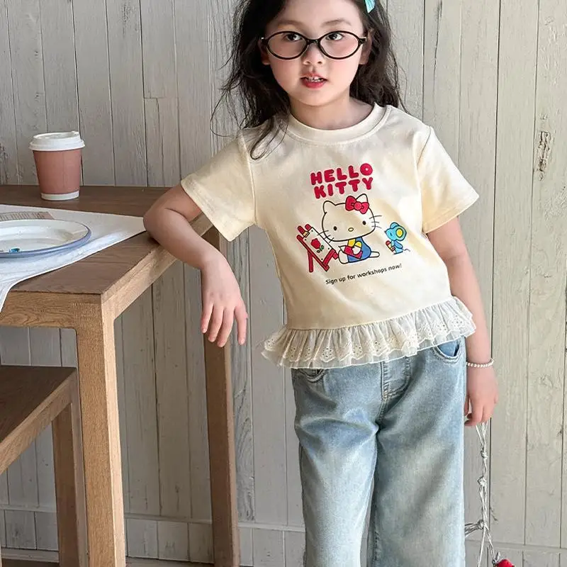 Sanrio для девочек, хлопковый костюм с короткими рукавами, Hello Kitty Kawaii, модная летняя студенческая футболка в стиле аниме, джинсы, детская одежда, новинка
Sanrio для девочек, хлопковый костюм с короткими рукавами, Hello Kitty Kawaii, модная летняя студенческая футболка в стиле аниме, джинсы, детская одежда, новинка