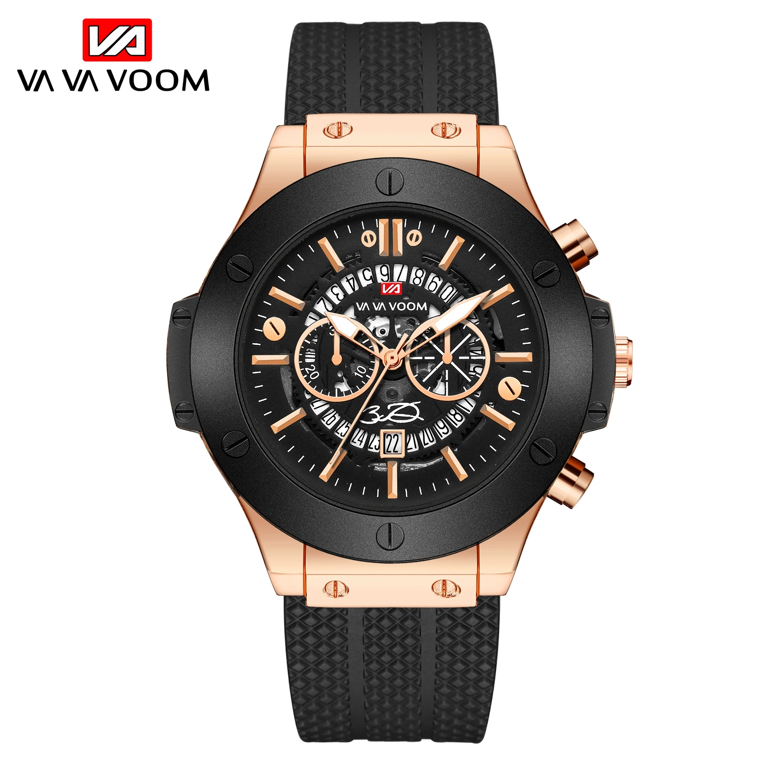 Voom Mens Sports Watch Black Silicone Military Style Rose Gold Hollowed Out Case Large Dial Quartz Movement
Voom Mens Sports Watch Black Silicone Military Style Rose Gold Hollowed Out Case Large Dial Quartz Movement