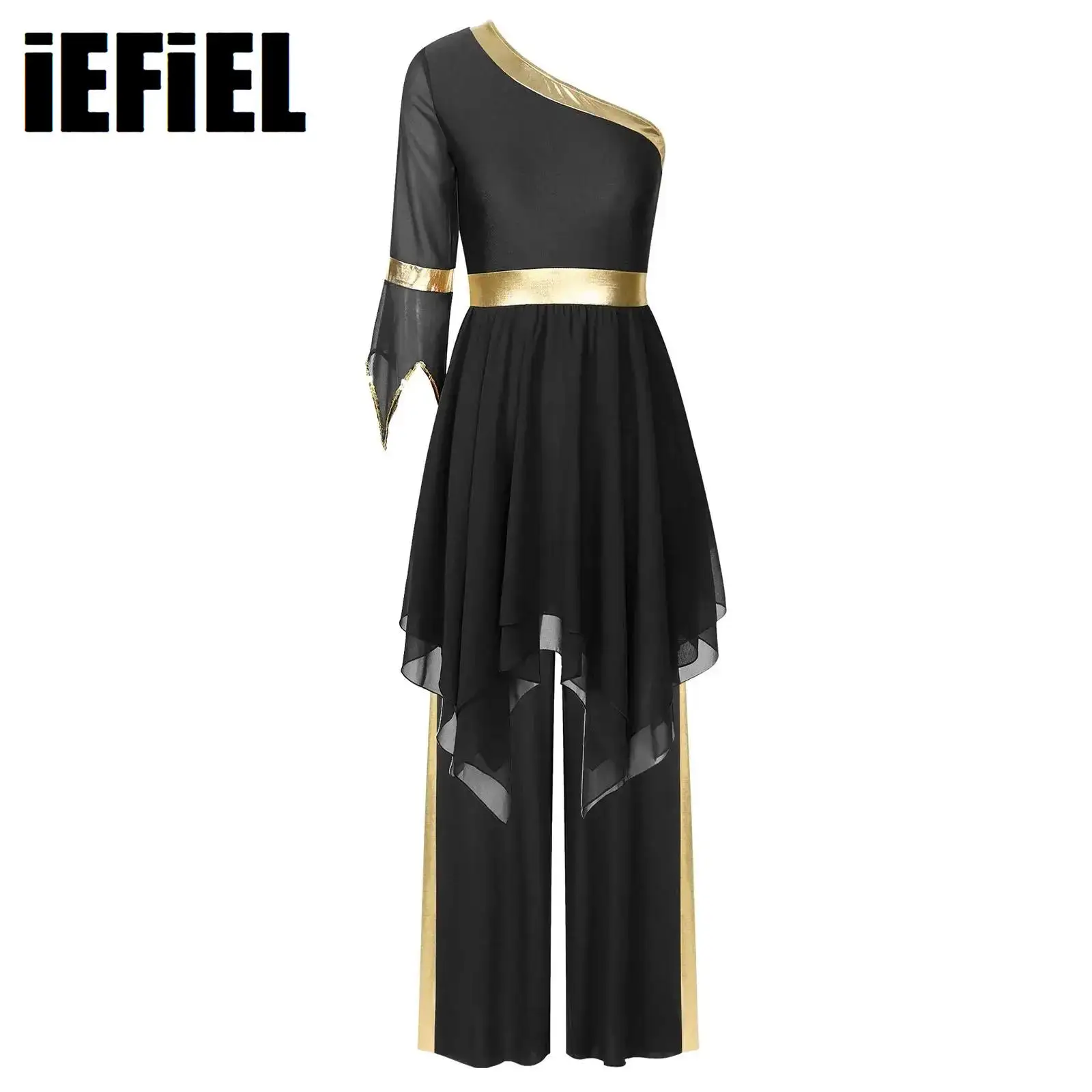 Womens Liturgical Praise Dance Sets One Shoulder Sequin Trim Flared Sleeve Irregular Hem Dress with Metallic Wide-Leg Pants
Womens Liturgical Praise Dance Sets One Shoulder Sequin Trim Flared Sleeve Irregular Hem Dress with Metallic Wide-Leg Pants