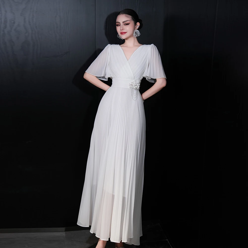 ZJYT Women Elegant White Chiffon Pleated Long Maxi Dresses Summer V Neck Beading Evening Party Dress 2025 New Female Clothing
ZJYT Women Elegant White Chiffon Pleated Long Maxi Dresses Summer V Neck Beading Evening Party Dress 2025 New Female Clothing