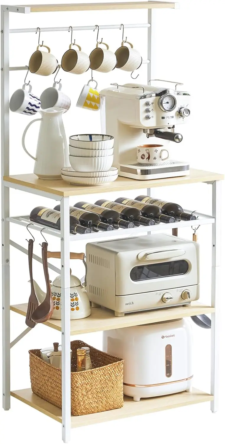 Регулируемая металлическая кухонная полка для пекаря с полками для хранения, винными держателями и S-образными крючками натурального цвета.
Регулируемая металлическая кухонная полка для пекаря с полками для хранения, винными держателями и S-образными крючками натурального цвета.