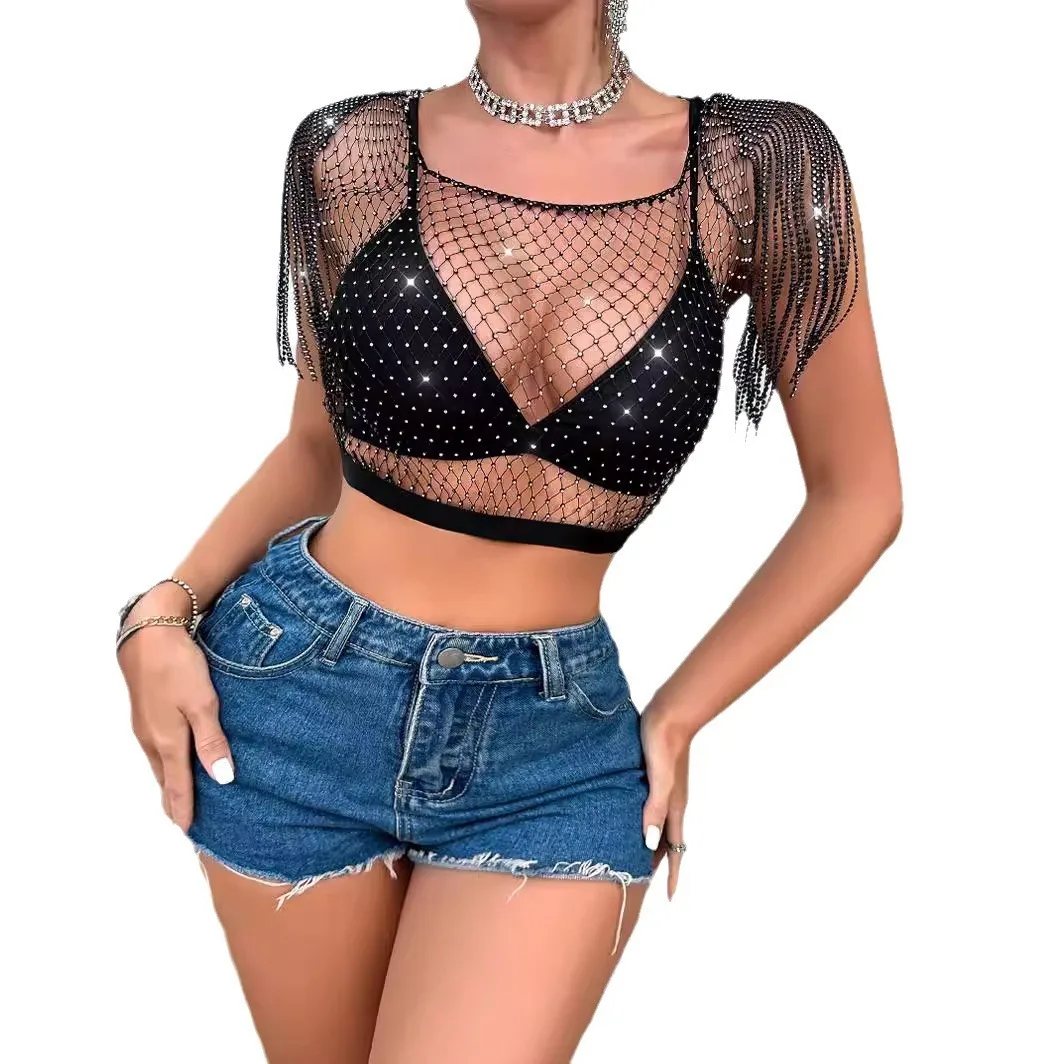 2024 Spicy Girl Fishing Net Water Diamond Tassel Sexy High Waist Exposed Umbilical Small Vest Female L21902
2024 Spicy Girl Fishing Net Water Diamond Tassel Sexy High Waist Exposed Umbilical Small Vest Female L21902
