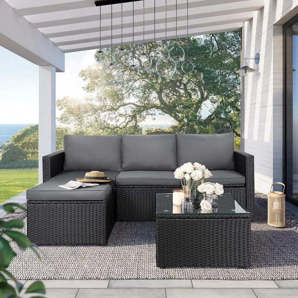 All-Weather Black Rattan Outdoor Sectional Sofa Set with Grey Cushions and Glass Coffee Table for Garden, Backyard, or Deck
All-Weather Black Rattan Outdoor Sectional Sofa Set with Grey Cushions and Glass Coffee Table for Garden, Backyard, or Deck