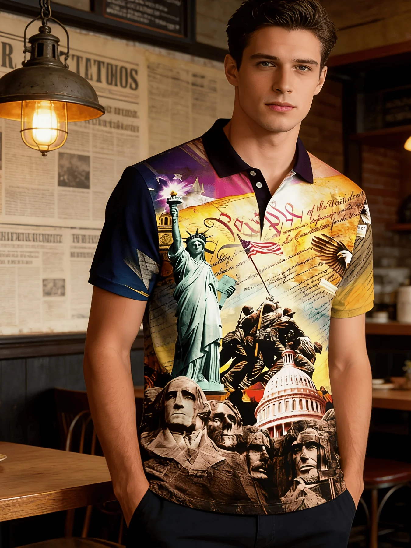 Men's USA Patriotic Polo Shirt 3D Print Statue of Liberty Mount Rushmore Iwo Jima Flag Raising US Capitol Bald Eagle Short
Men's USA Patriotic Polo Shirt 3D Print Statue of Liberty Mount Rushmore Iwo Jima Flag Raising US Capitol Bald Eagle Short