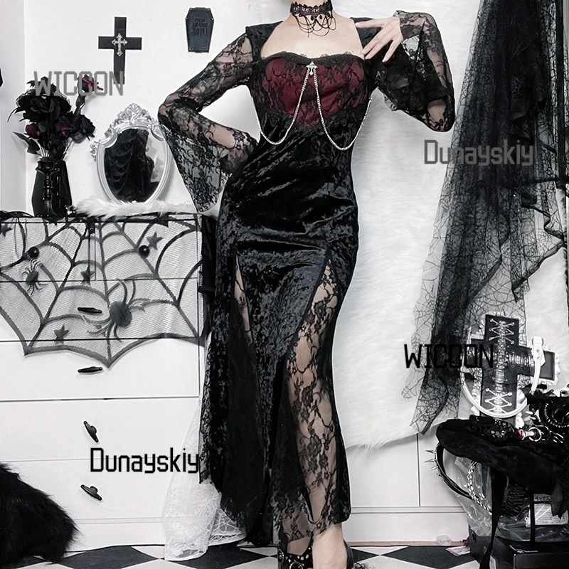 Gothic Y2K Split Dress Lace Sleeve Bodycon Midi Dress Sexy High Slit Halloween Party Dress, Elegant Dark Aesthetic Daily Outfit
Gothic Y2K Split Dress Lace Sleeve Bodycon Midi Dress Sexy High Slit Halloween Party Dress, Elegant Dark Aesthetic Daily Outfit