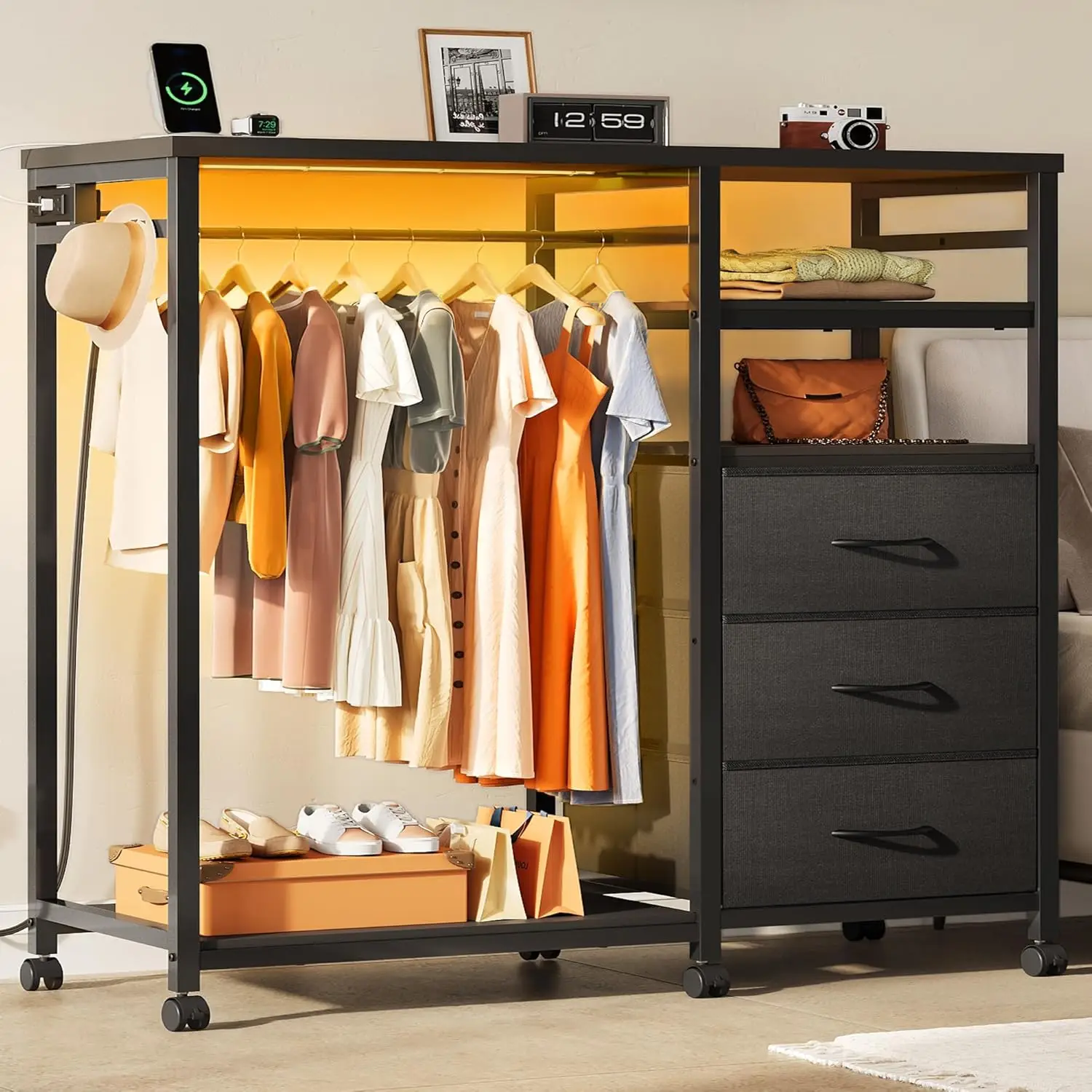 3-Drawer Dresser with LED Lights, Charging Station & Hanging Rack for Bedroom Storage Organizer
3-Drawer Dresser with LED Lights, Charging Station & Hanging Rack for Bedroom Storage Organizer