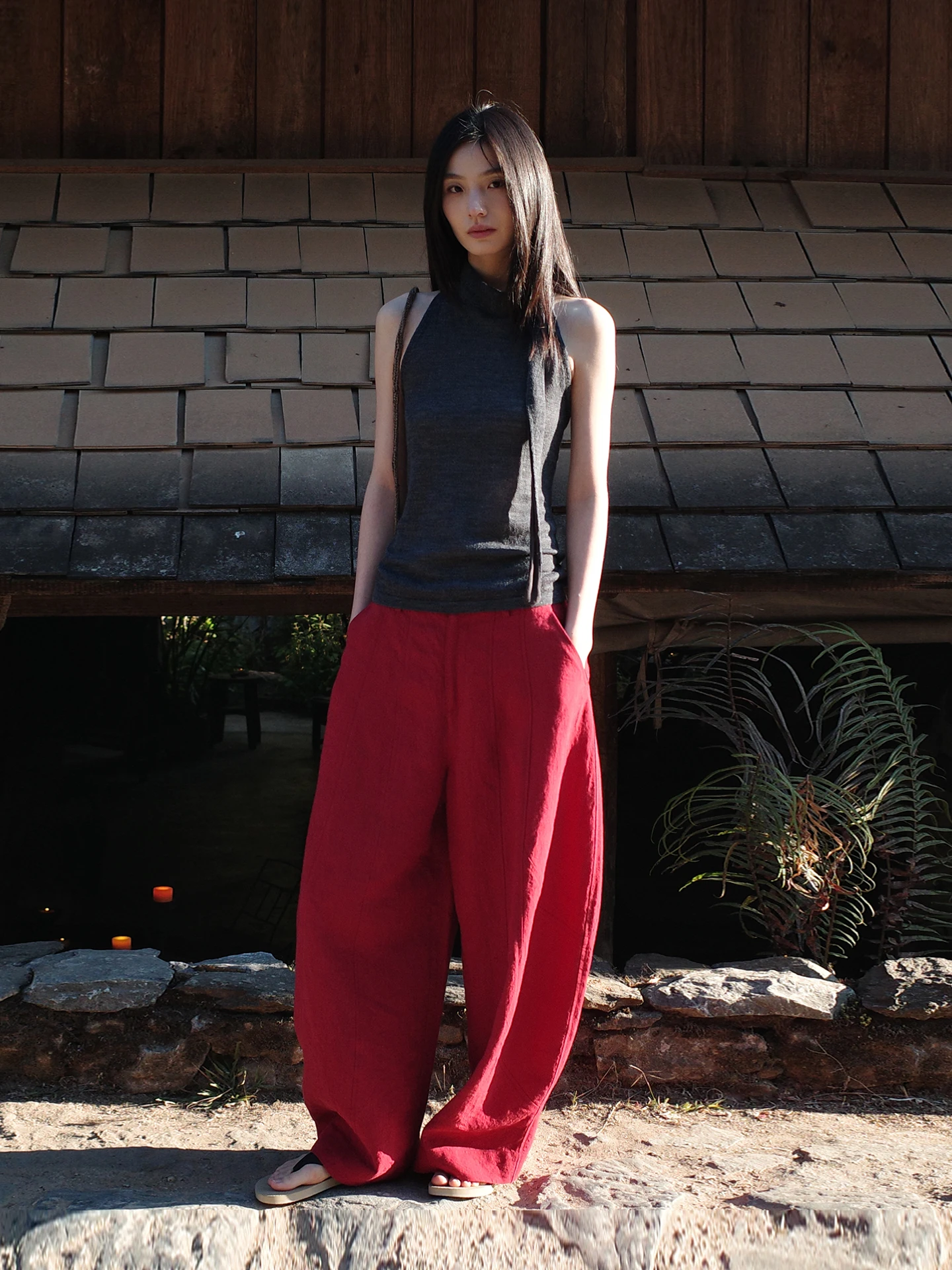 Red Lightweight Draped Wide Leg Pants Asymmetrical Design Casual High Waist Trousers for Women See Mountain Mist Paper Linen
Red Lightweight Draped Wide Leg Pants Asymmetrical Design Casual High Waist Trousers for Women See Mountain Mist Paper Linen