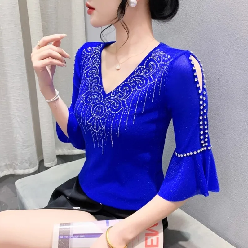 #7111 Black Blue Purple Mesh T Shirt Women Diamonds Sexy Off Shoulder T Shirt Flare Sleeve Skinny V-neck Short Tshirt Femme Thin
#7111 Black Blue Purple Mesh T Shirt Women Diamonds Sexy Off Shoulder T Shirt Flare Sleeve Skinny V-neck Short Tshirt Femme Thin