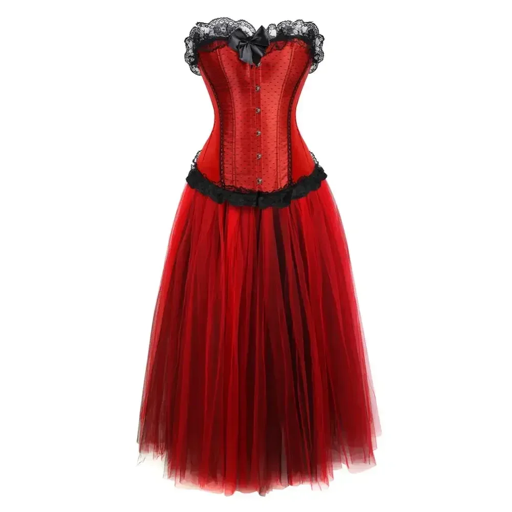 Women Corset Dress Goth Pirate Corsets Skirt Steampunk Ribbon Lace Bustiers with Long Princess Mesh Tulle Wedding Party Costumes
Women Corset Dress Goth Pirate Corsets Skirt Steampunk Ribbon Lace Bustiers with Long Princess Mesh Tulle Wedding Party Costumes