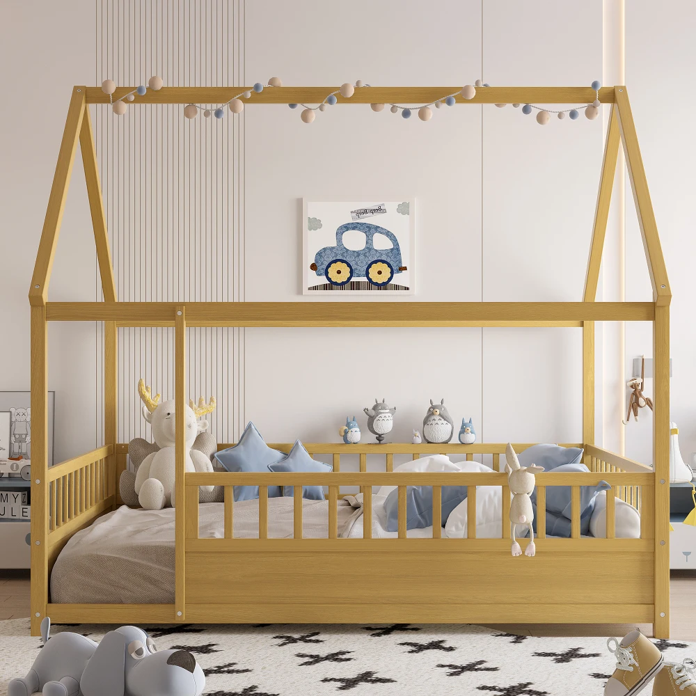 Full Size Wooden Bed with House Roof Frame Fence Guardrails Natural Finish Children Furniture
Full Size Wooden Bed with House Roof Frame Fence Guardrails Natural Finish Children Furniture