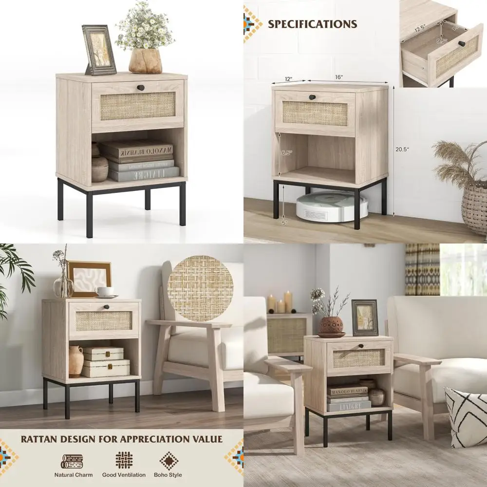 Rattan Nightstand with Drawer and Metal Legs, Boho Style Farmhouse Side Table with Open Storage Shelf for Bedroom
Rattan Nightstand with Drawer and Metal Legs, Boho Style Farmhouse Side Table with Open Storage Shelf for Bedroom