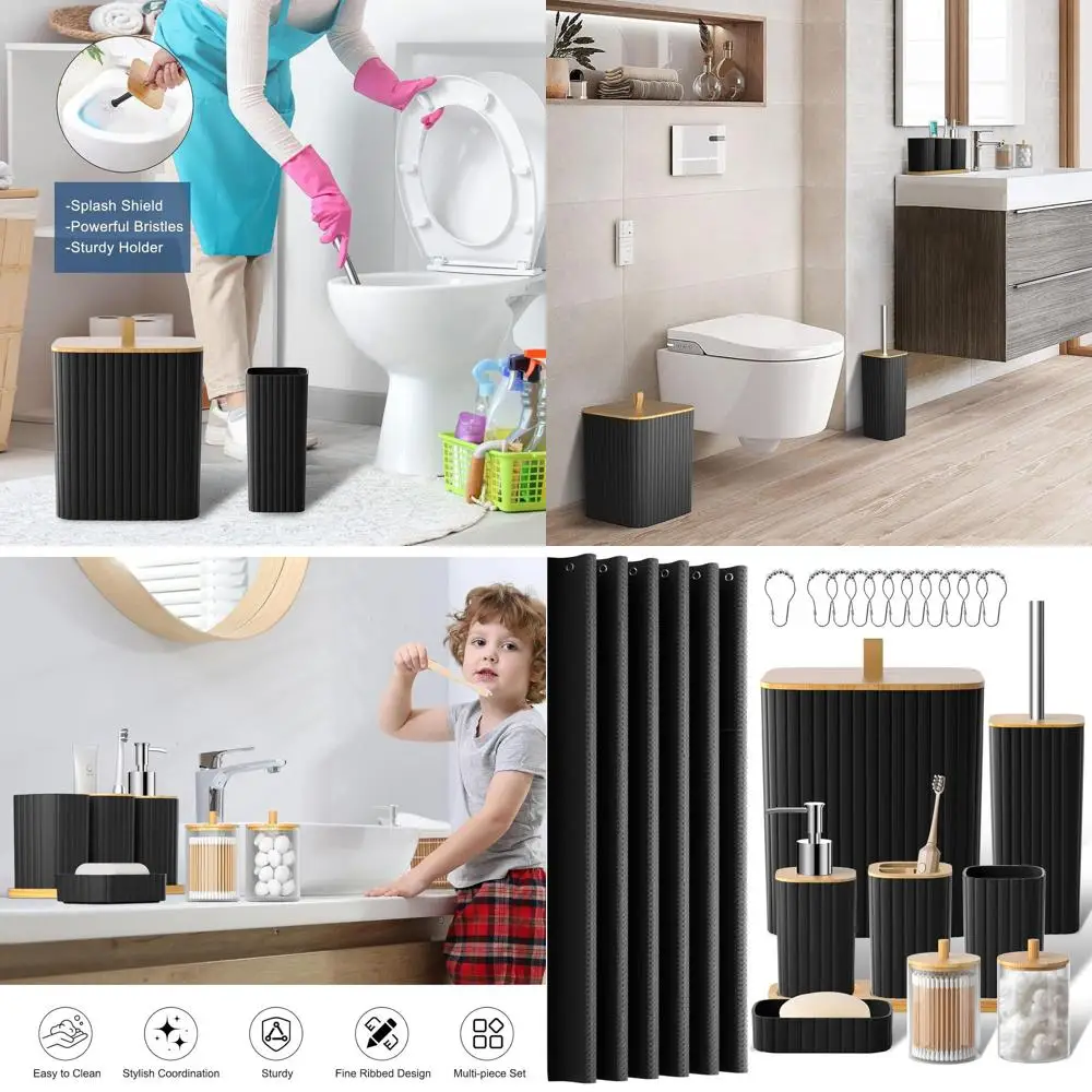22-Piece Black Bathroom Accessory Set: Shower Curtain, Trash Bin, Toilet Brush Holder, and Soap Dispenser - Modern Bath Decor fo
22-Piece Black Bathroom Accessory Set: Shower Curtain, Trash Bin, Toilet Brush Holder, and Soap Dispenser - Modern Bath Decor fo