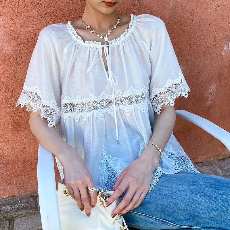 French Chic Lace Summer Blouse Shirt Women Hollow Out White Sexy Linen Short Sleeve Tie Lace Up Eleagnt Ladies Vacation Tops New
French Chic Lace Summer Blouse Shirt Women Hollow Out White Sexy Linen Short Sleeve Tie Lace Up Eleagnt Ladies Vacation Tops New