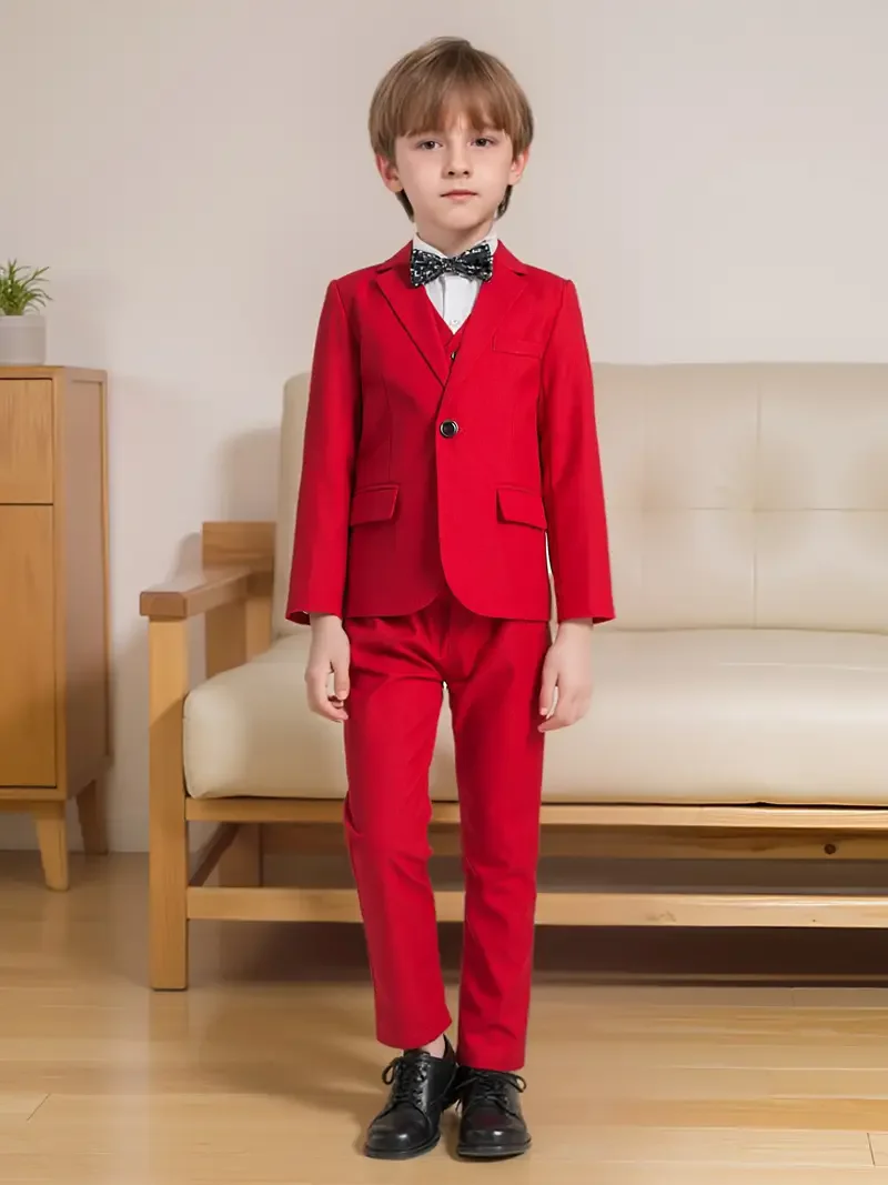 Boys Formal Red Jacket Vest Pants Bowtie 4pcs Wedding Suit Kids Host Piano Performance Costome Children's Birthday Party Dress
Boys Formal Red Jacket Vest Pants Bowtie 4pcs Wedding Suit Kids Host Piano Performance Costome Children's Birthday Party Dress