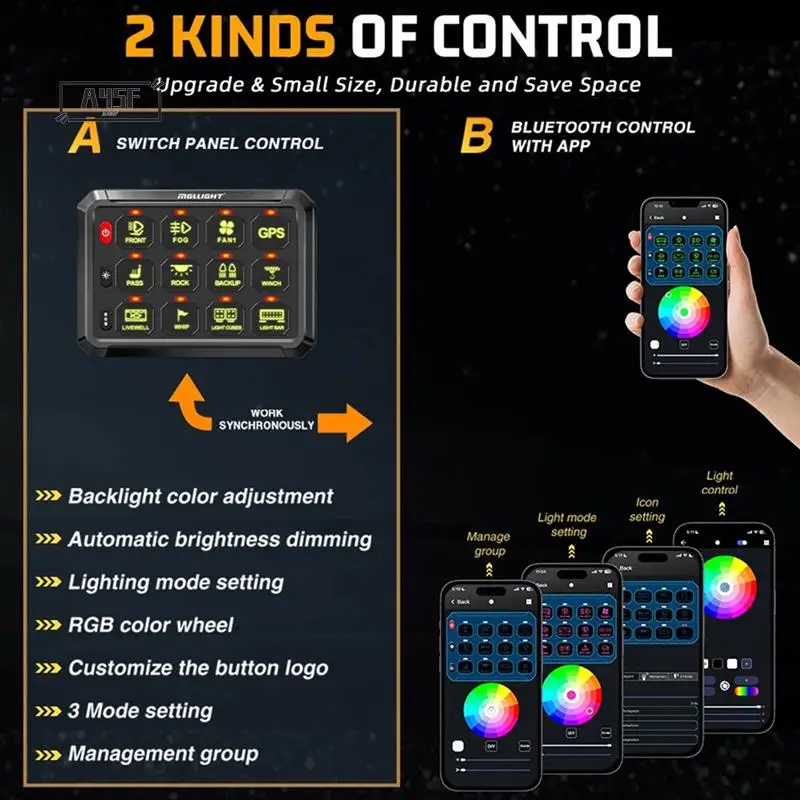 A45F-12 Панель переключателей Bluetooth RGB Панель переключателей 12 В для легковых автомобилей, грузовиков, внедорожников, кемперов, фургонов, внедорожников, UTV, квадроциклов
A45F-12 Панель переключателей Bluetooth RGB Панель переключателей 12 В для легковых автомобилей, грузовиков, внедорожников, кемперов, фургонов, внедорожников, UTV, квадроциклов
