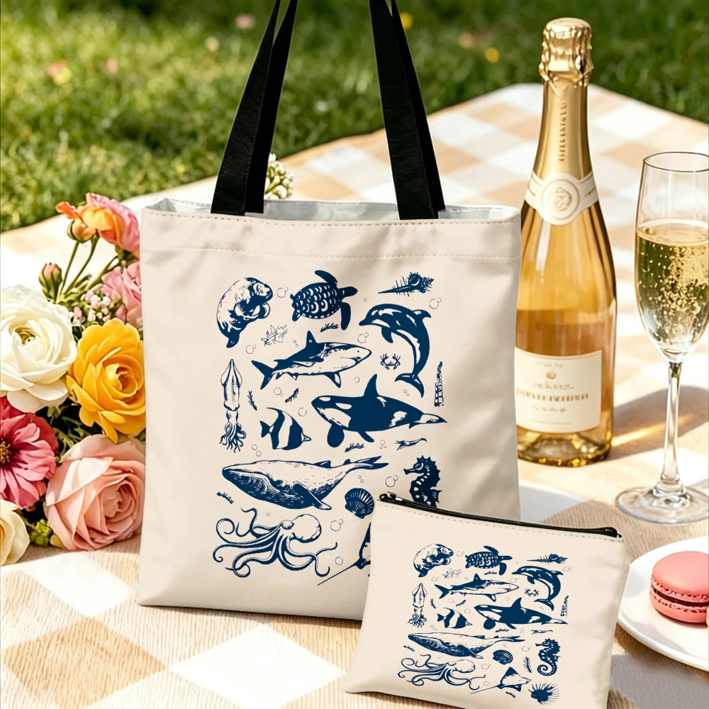 Chic Tote Bag Cream Blue Ocean Creatures Print Shoulder Bags And Cosmetic Bag Combination Everyday Carry Storage Pouch
Chic Tote Bag Cream Blue Ocean Creatures Print Shoulder Bags And Cosmetic Bag Combination Everyday Carry Storage Pouch