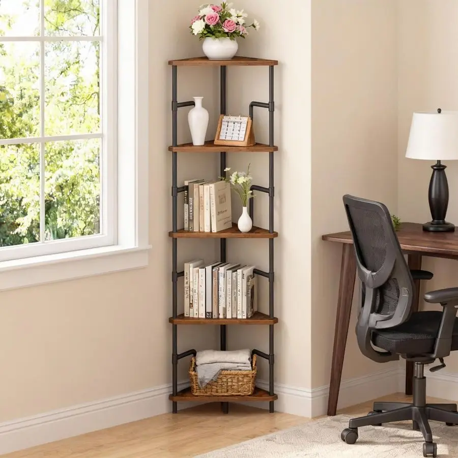 52.8 Corner Shelf, 5Tier Industrial Corner Bookshelf with Metal Frame, Small Plant Stand, Display Shelf for Living Room, Bedroom
52.8 Corner Shelf, 5Tier Industrial Corner Bookshelf with Metal Frame, Small Plant Stand, Display Shelf for Living Room, Bedroom