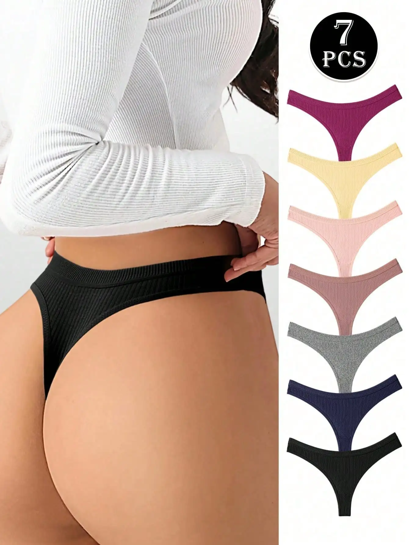 7 Pack Ribbed Low Waist Thongs for Women, Soft Cotton Blend Seamless Underwear, Sexy Summer Fashion
7 Pack Ribbed Low Waist Thongs for Women, Soft Cotton Blend Seamless Underwear, Sexy Summer Fashion