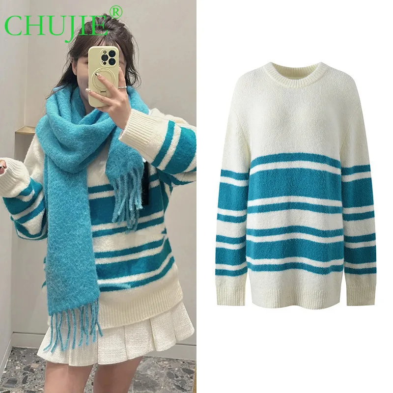 【CHUJIE】Осенне-зимний новый модный простой свободный мягкий универсальный вязаный пуловер с круглым вырезом в широкую полоску 2025 
【CHUJIE】Осенне-зимний новый модный простой свободный мягкий универсальный вязаный пуловер с круглым вырезом в широкую полоску 2025