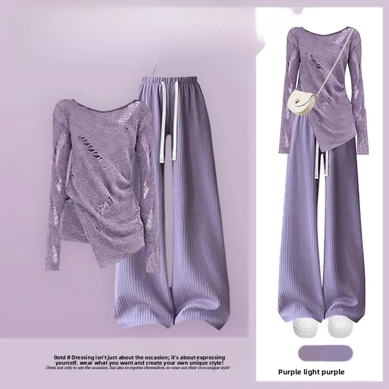 Модный осенний комплект: женский фиолетовый асимметричный топ с вырезами в гонконгском стиле и повседневные широкие брюки-палаццо, комплект из двух предметов
Модный осенний комплект: женский фиолетовый асимметричный топ с вырезами в гонконгском стиле и повседневные широкие брюки-палаццо, комплект из двух предметов