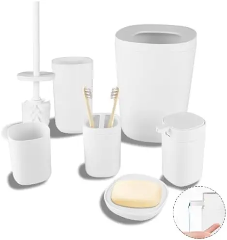 6-Piece Bathroom Set with Trash Can & Accessories (White)
6-Piece Bathroom Set with Trash Can & Accessories (White)