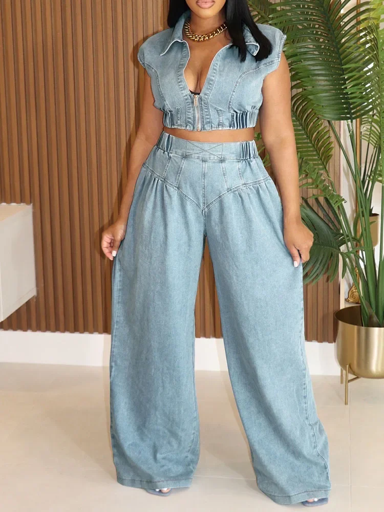 Streetwear Denim Set Woman 2 Piece Set Outfit Casual Zipper Turn-down Collar Cropped Top and Loose Wide Leg Pants Matching Sets
Streetwear Denim Set Woman 2 Piece Set Outfit Casual Zipper Turn-down Collar Cropped Top and Loose Wide Leg Pants Matching Sets