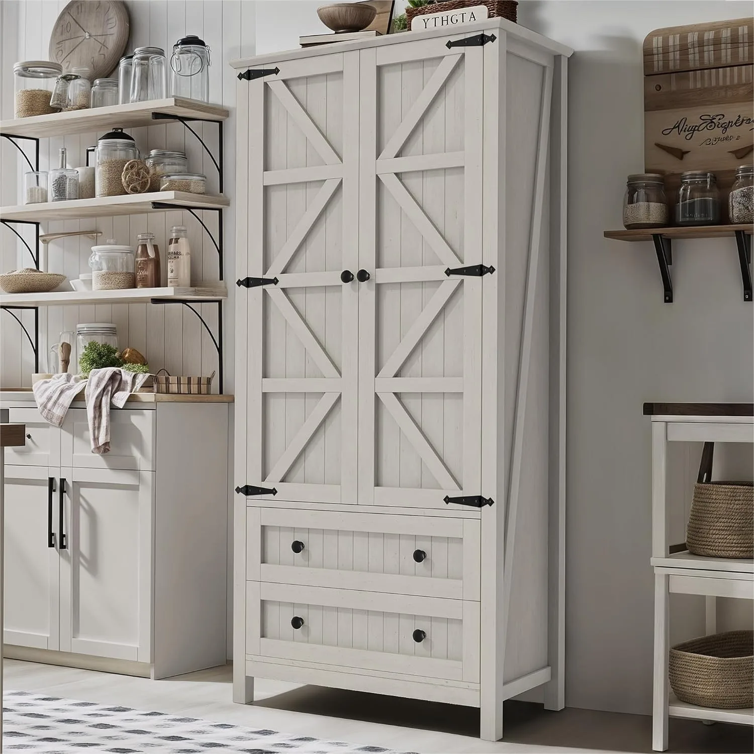 Farmhouse Kitchen Pantry Cabinet, 64.5" Tall Storage Cabinet with 2 Drawers & Adjustable Shelves, White
Farmhouse Kitchen Pantry Cabinet, 64.5" Tall Storage Cabinet with 2 Drawers & Adjustable Shelves, White