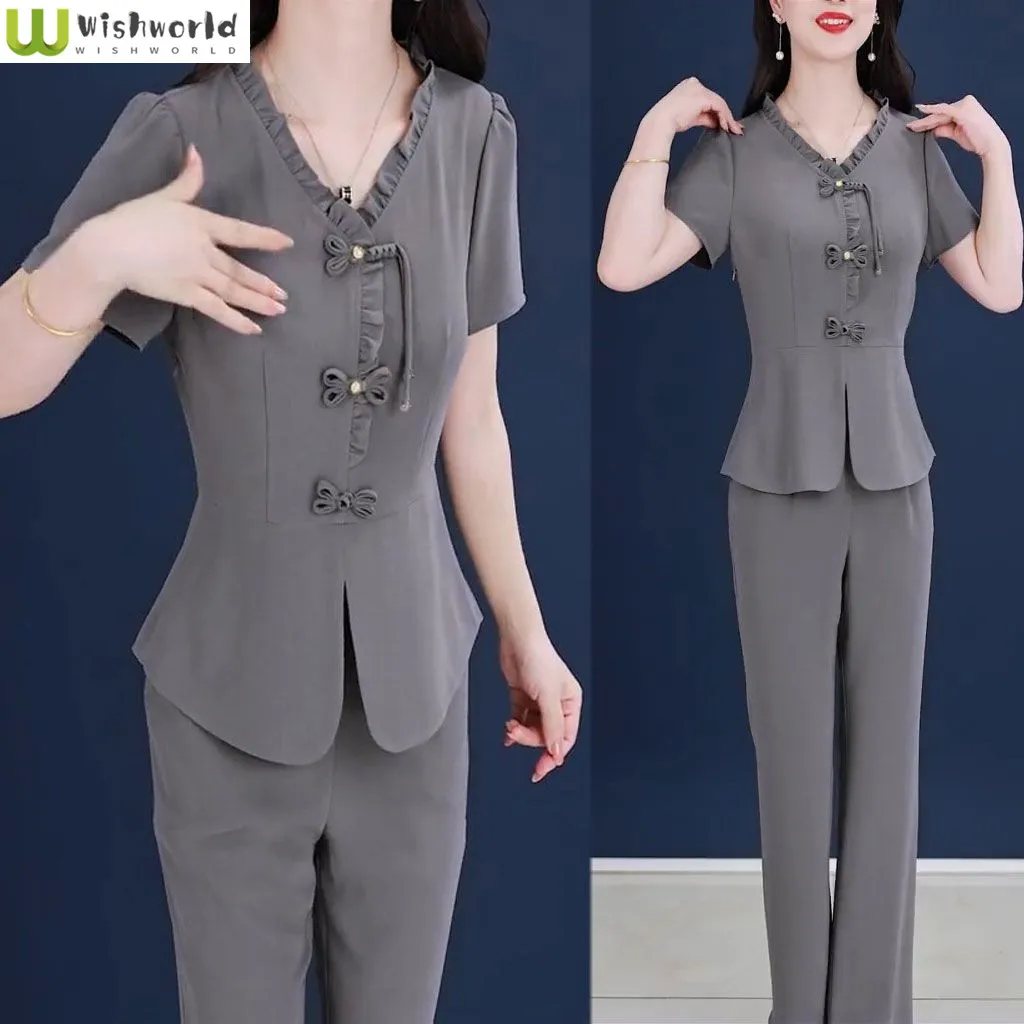 Spring and Summer New Fashion Casual Slimming Chinese Style Button Short Sleeved Top Micro Flare Pants Two Piece Set for Women
Spring and Summer New Fashion Casual Slimming Chinese Style Button Short Sleeved Top Micro Flare Pants Two Piece Set for Women