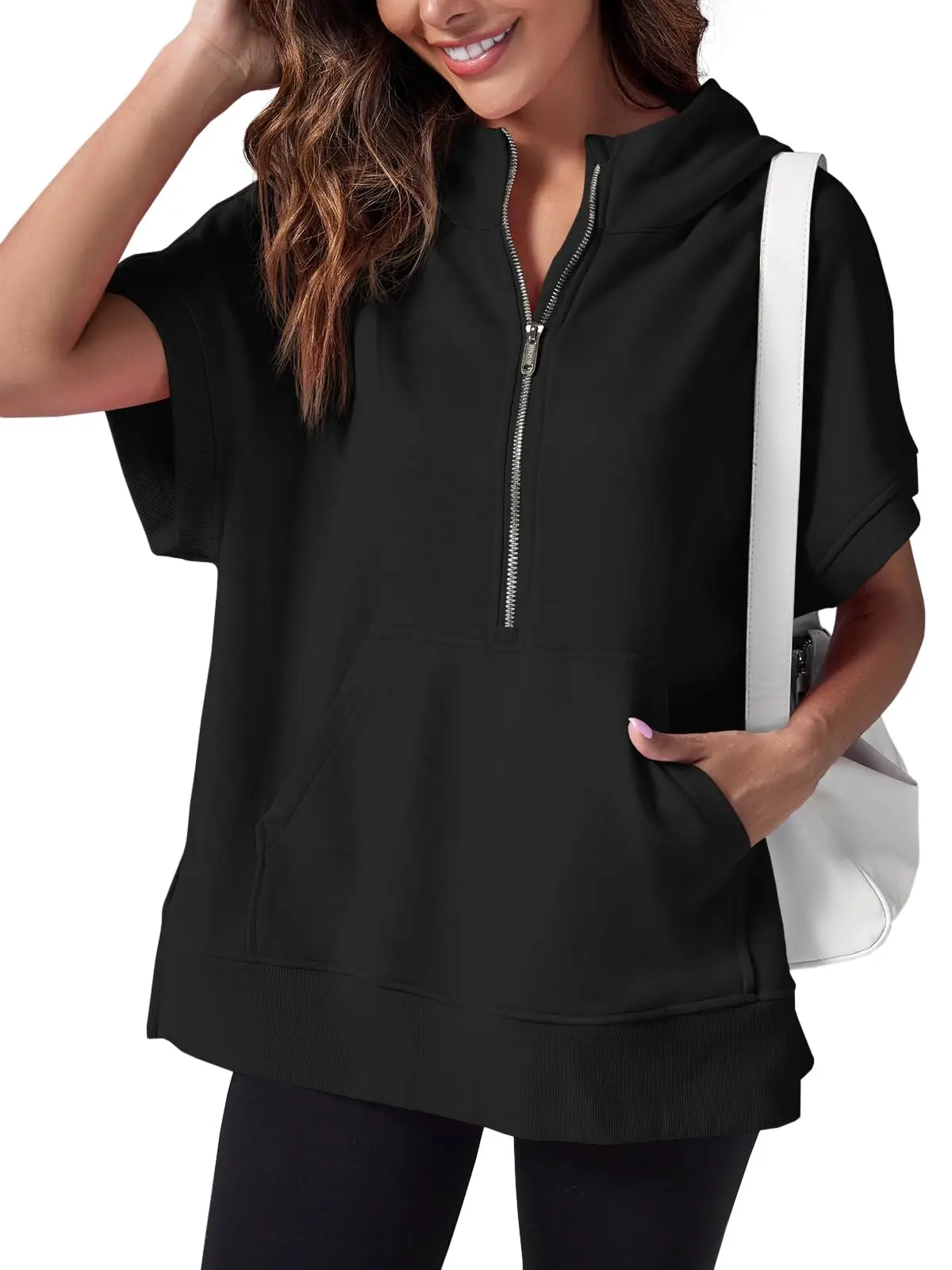 Women's Short Sleeve Half Zip Hoodies Oversized Casual Sweatshirts Solid Color Pullover Tops with Pockets
Women's Short Sleeve Half Zip Hoodies Oversized Casual Sweatshirts Solid Color Pullover Tops with Pockets