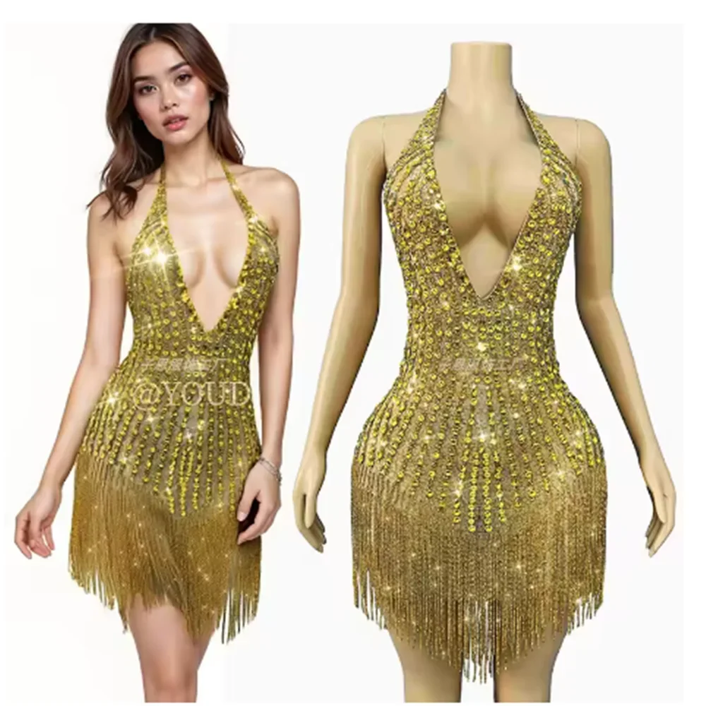Gold Sparkly Stage Costume Women Sexy Rhinestone Backless Dress Deep V-Neck Halter Dresses Nightclub Party Performance Wear yk
Gold Sparkly Stage Costume Women Sexy Rhinestone Backless Dress Deep V-Neck Halter Dresses Nightclub Party Performance Wear yk