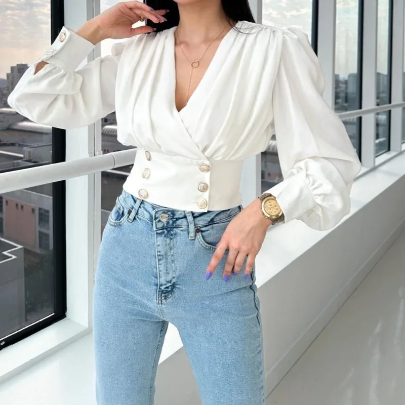 Elastic Waist Cinching Summer Shirt Women's Long Sleeved Solid Color Crop Blouse French New V-neck Style Chic Tunics Blusas 2026
Elastic Waist Cinching Summer Shirt Women's Long Sleeved Solid Color Crop Blouse French New V-neck Style Chic Tunics Blusas 2026