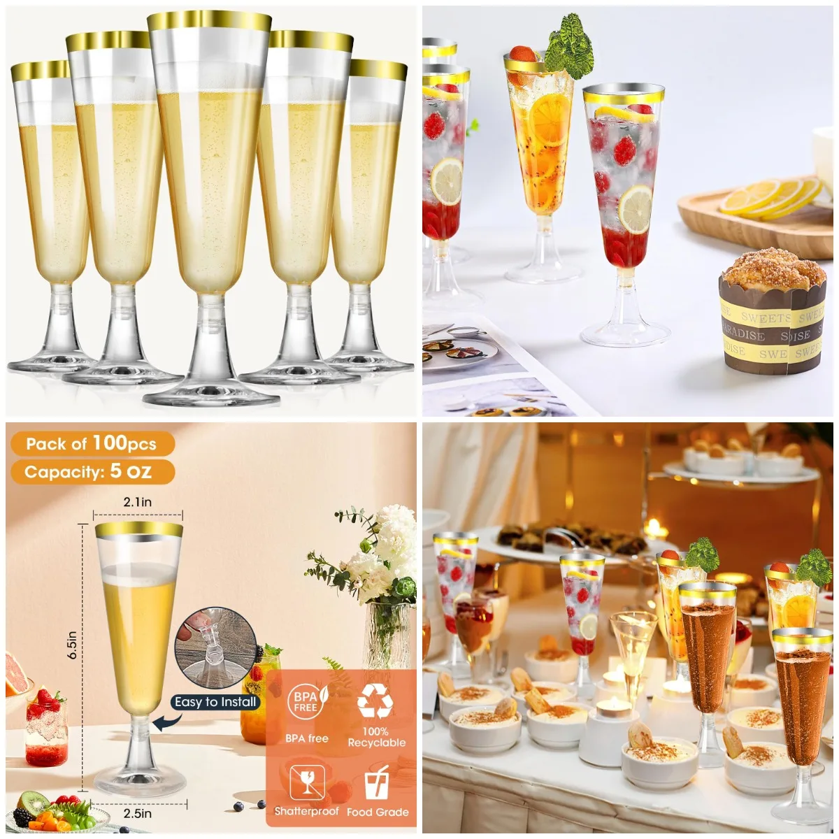 Plastic Champagne Flutes 100 Pack, 5 oz Gold Rim Mimosa Glasses for Wedding, New Year's Eve Party Supplies
Plastic Champagne Flutes 100 Pack, 5 oz Gold Rim Mimosa Glasses for Wedding, New Year's Eve Party Supplies