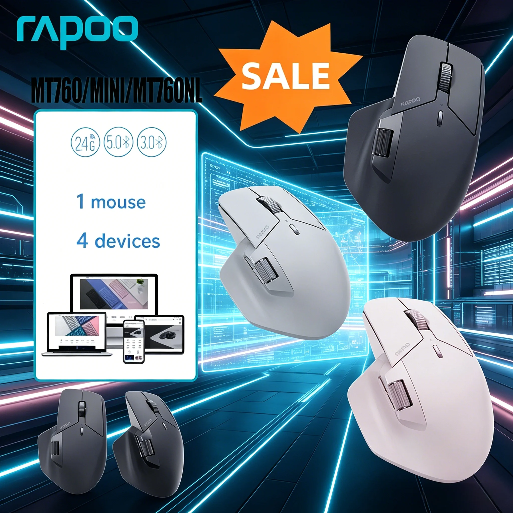 Multi-mode Bluetooth Rapoo MT760 Mini Rechargeable Mouse 4000 DPI Ergonomic Support 4 Device Connection