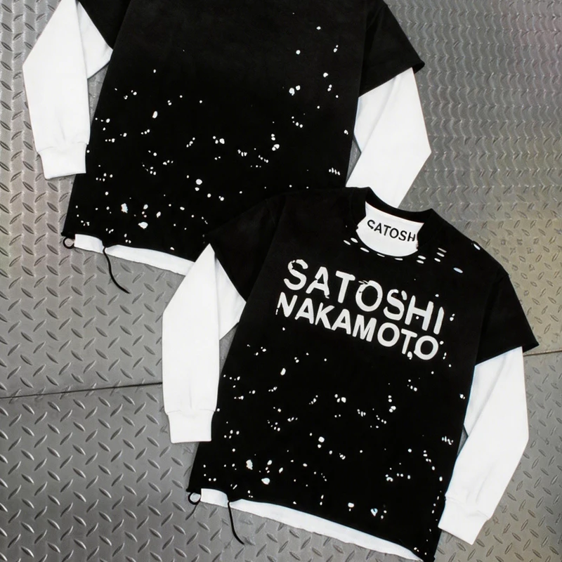 26ss Trend Satoshi Nakamoto T-shirt Long Sleeve Men's Women's Streetwear Loose Ripped Washed Top Tshirts 2 Pieces Wear
26ss Trend Satoshi Nakamoto T-shirt Long Sleeve Men's Women's Streetwear Loose Ripped Washed Top Tshirts 2 Pieces Wear