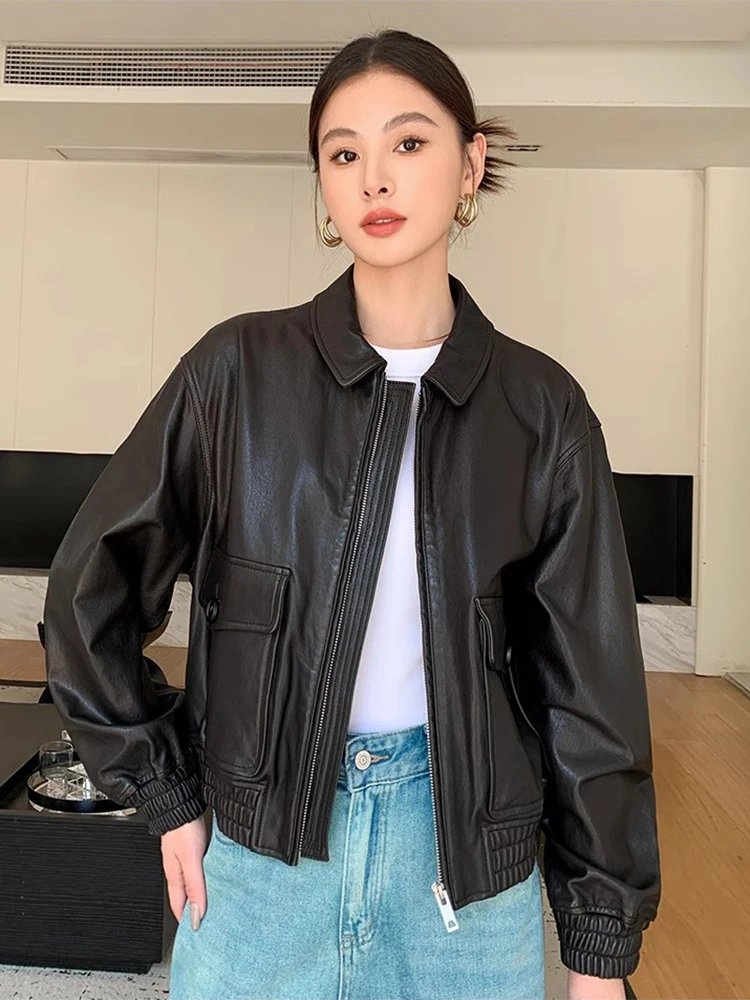 Casual Genuine Leather Motorcycle Jacket for Women Spring Autumn Simple Soft Black Short Real Sheepskin Coat jaqueta de couro
Casual Genuine Leather Motorcycle Jacket for Women Spring Autumn Simple Soft Black Short Real Sheepskin Coat jaqueta de couro